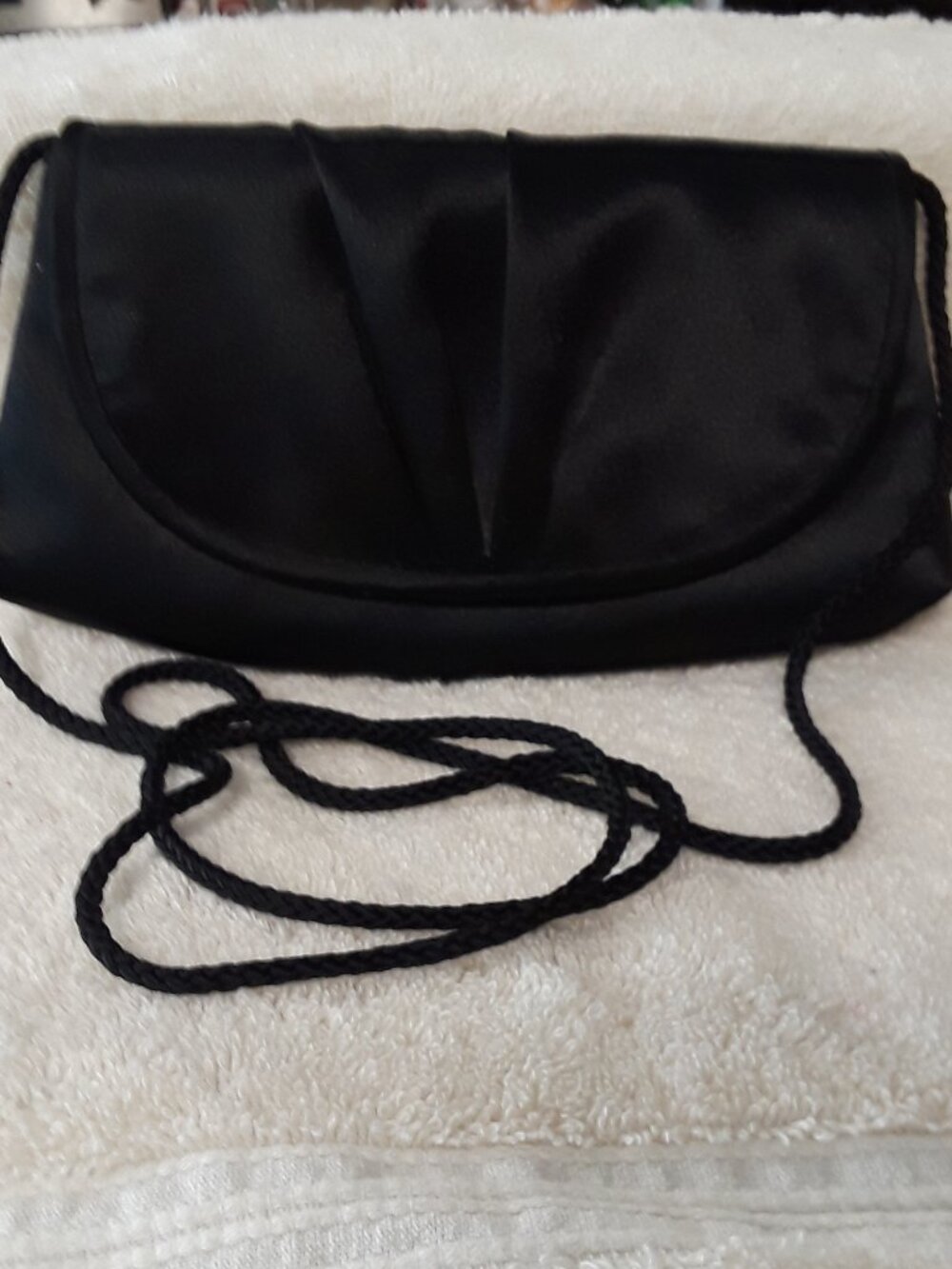 La Regale Black Fabric Evening Bag Ruched Flap Clutch Crossbody Purse